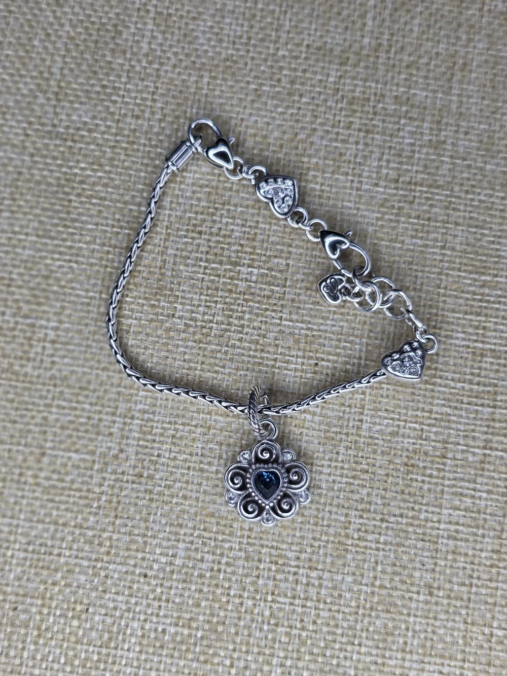Sterling plated Brighton Silver Heart Charm Bracelet with Blue Stone Pendant